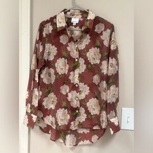 Bailey 44 Sheer Burgundy Floral Button Down Blouse Medium
